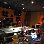 André Bowman (at desk), Jeff Barnes and Steve Scanlon at Record Plant Recording Studios