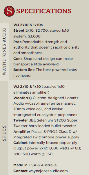 Bass Player Magazine - Wayne Jones AUDIO review. Specifications for powered bass cabinets for bass guitar players & double bass players.