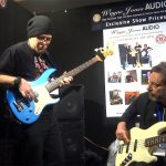 Drew Dedman, bass player for Superheist & Chris Bekker - Wayne Jones AUDIO stand, Melbourne Guitar Show 2016