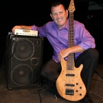 Bass Player Tim George with his Wayne Jones AUDIO rig, WJBP Stereo Valve Bass Pre-Amp & 1000 Watt 2x10 Powered Bass Cabinet.