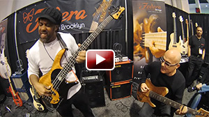 Victor Wooten & Dominic Dipiazza at the Fodera booth NAMM 2016. Victor is using the WJ 1000 Watt powered 2x10 Cab & the WJBP Bass pre amp.