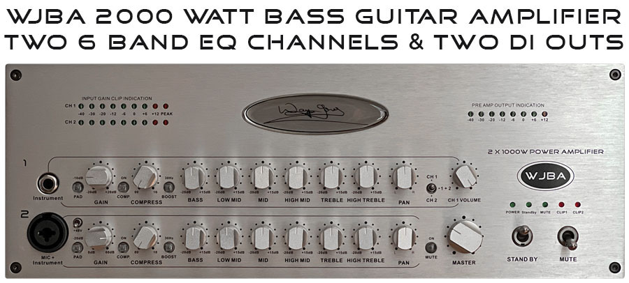 WJBA 2000 Watt Bass Guitar Amplifier with built in Twin Channel Bass Pre-Amp, featuring the option of phantom power on the second channel. 2000 Watts into 4 or 8 Ohms.