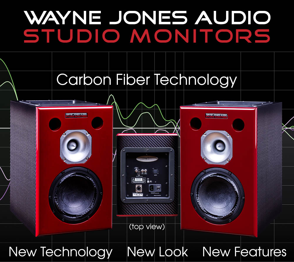 ayne Jones Audio Carbon Fiber Studio Monitors - 6.5" 650 watt each, recording engineering, audio and film post production, sound track mastering, audio mixing, sound mixing, recording studio gear.