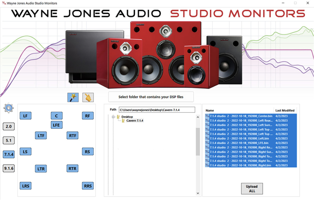 Wayne Jones Audio One Click SoundID Reference Upload App.Send multichannel bin files directly, via Ethernet, into WJA Studio Monitors. Including time alignment and gain. With continuity of dynamics, spatial  dimension, eq and phase. Suitable for 2.0 right through to 9.1.6 multichannel bin files.